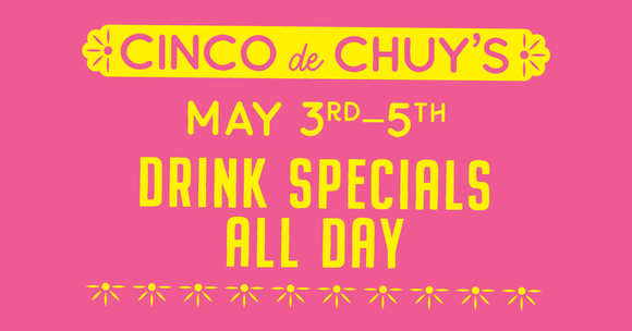 Ad with yellow lettering and pink background for Cinco de Mayo.