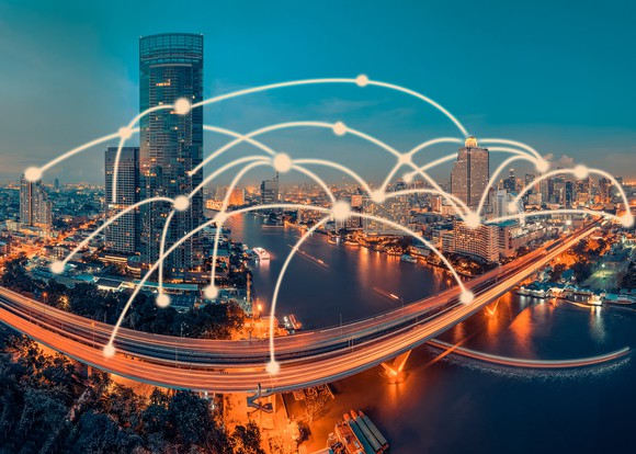 City with orange lines connecting buildings