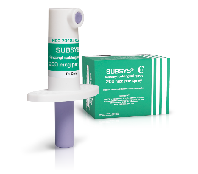 A Subsys sublingual spray cartridge next to its packaging. 