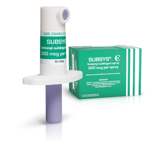 A Subsys sublingual spray cartridge next to its packaging. 