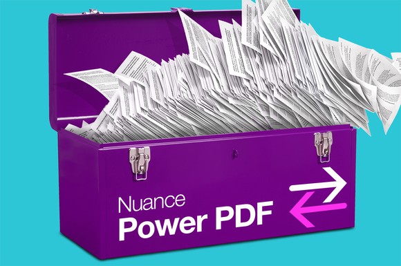 Purple box labeled Nuance Power PDF with papers flying out of it.