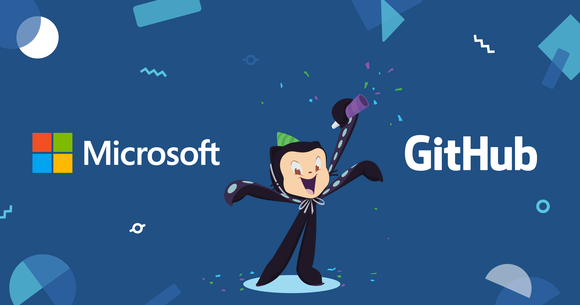 A rendering of the GitHub Octocat mascot surrounded by the Microsoft and GitHub logos