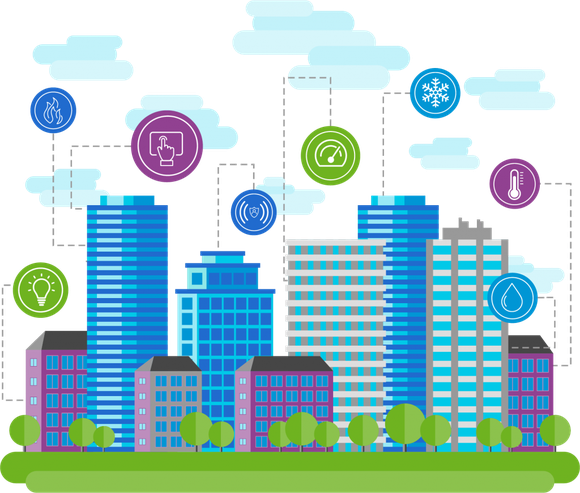 Animated buildings with icons indicating various smart-building functions.