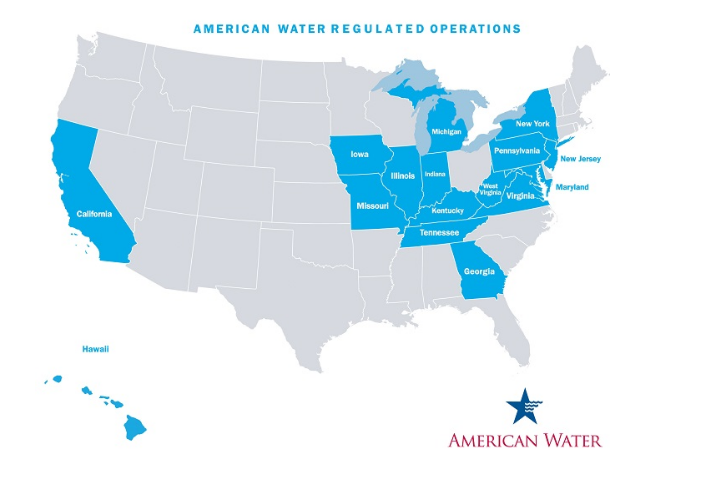 U.S. map showing the 16 states in which American Water has regulated operations.