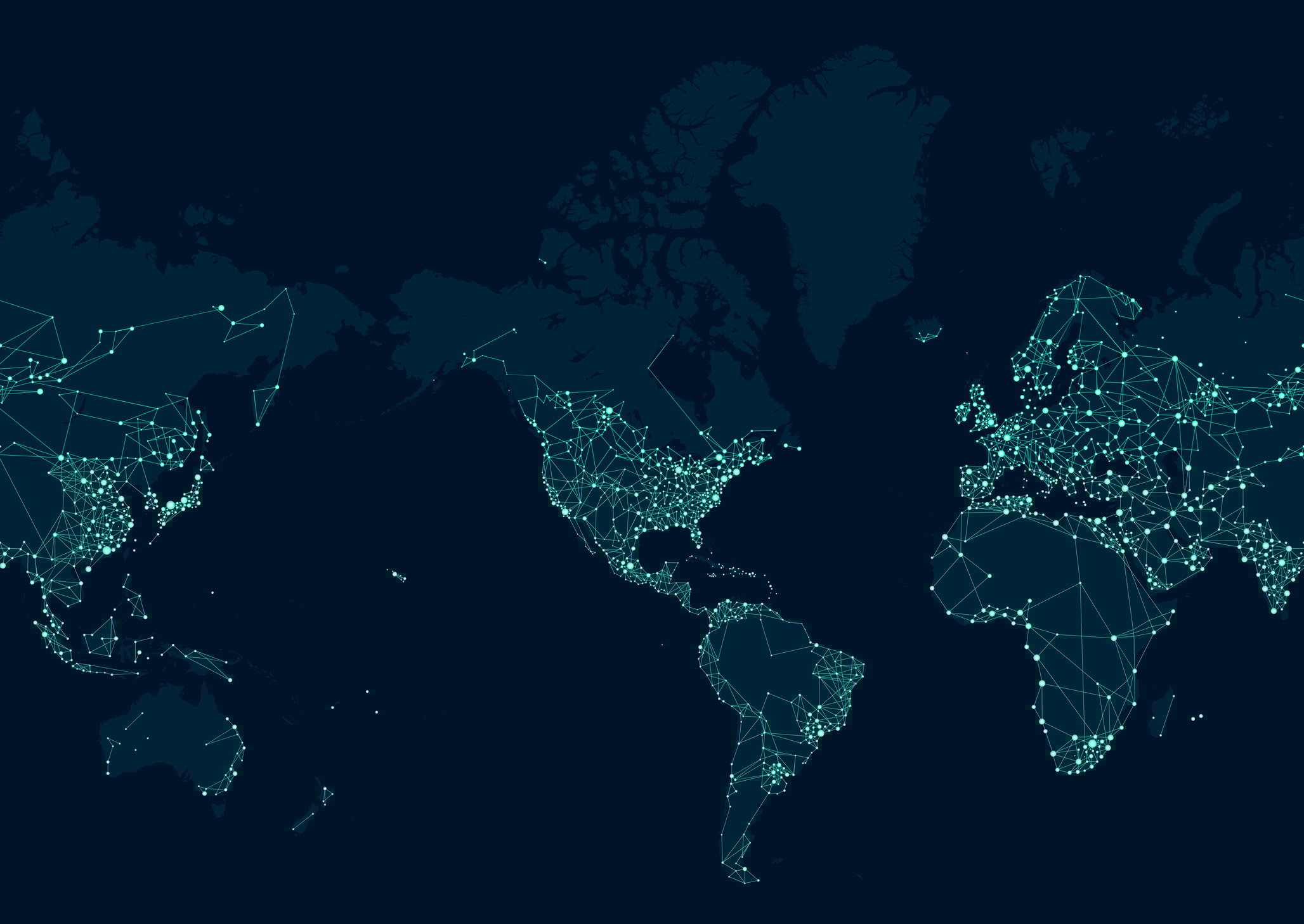 A map of the globe lit up by lights around major cities as if seen from space at night. 