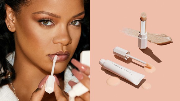 An image of Rihanna applying makeup next to an image of Fenty Beauty cosmetics.