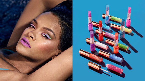 An image of Rihanna in colorful makeup next to an image of Fenty makeup products.