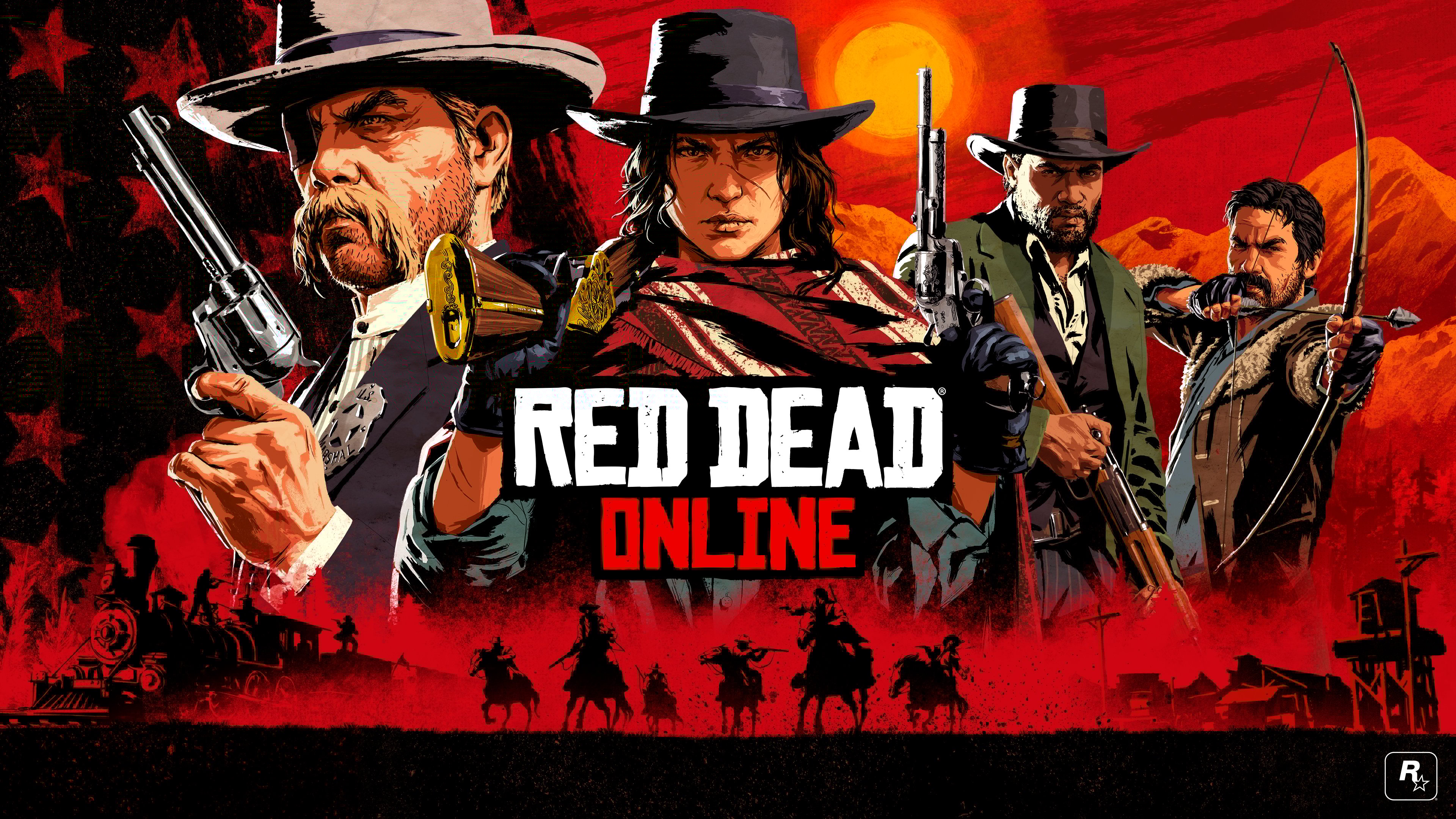 A drawing of four characters from the Red Dead Redemption game with the title Red Dead Online in the center.