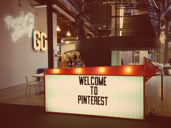 A Welcome to Pinterest marquee sign at Pinterest office in France.