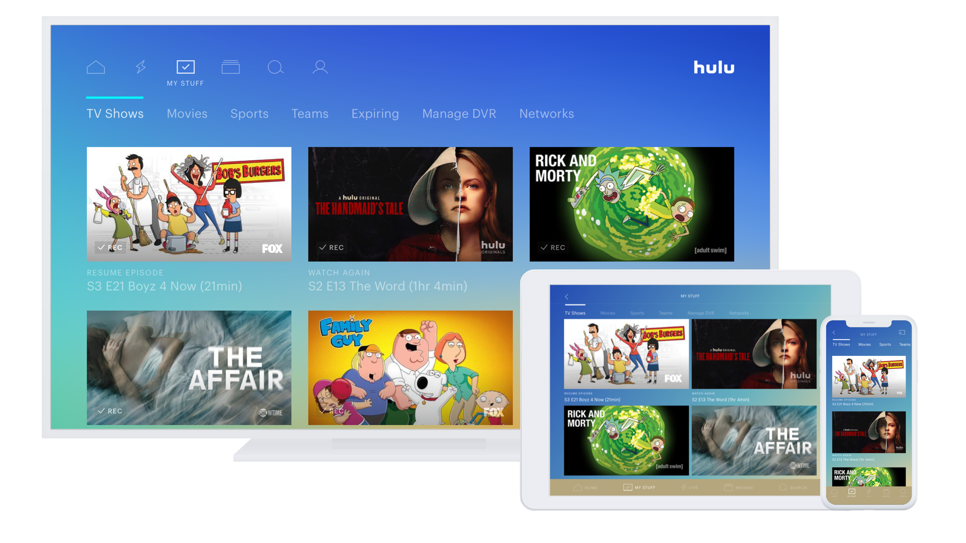A screenshot of various programs offered on Hulu, showing on multiple devices.