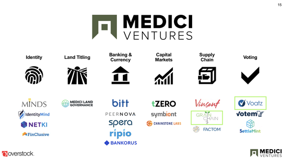 A chart showing the various companies and brands operating under Medici Ventures.