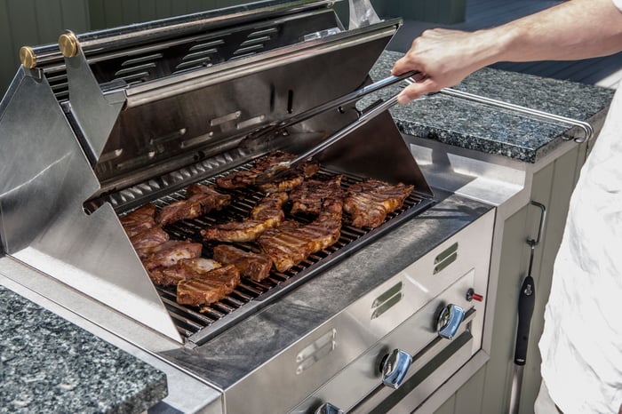 Steaks on a grill.
