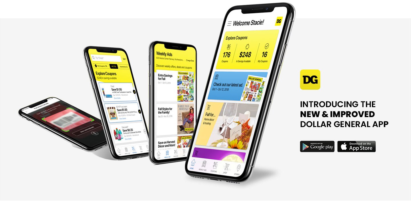 Smartphones with Dollar General mobile app displayed