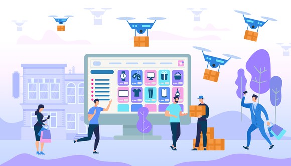 Vector illustration showing people ordering things online and having them delivered by drone.
