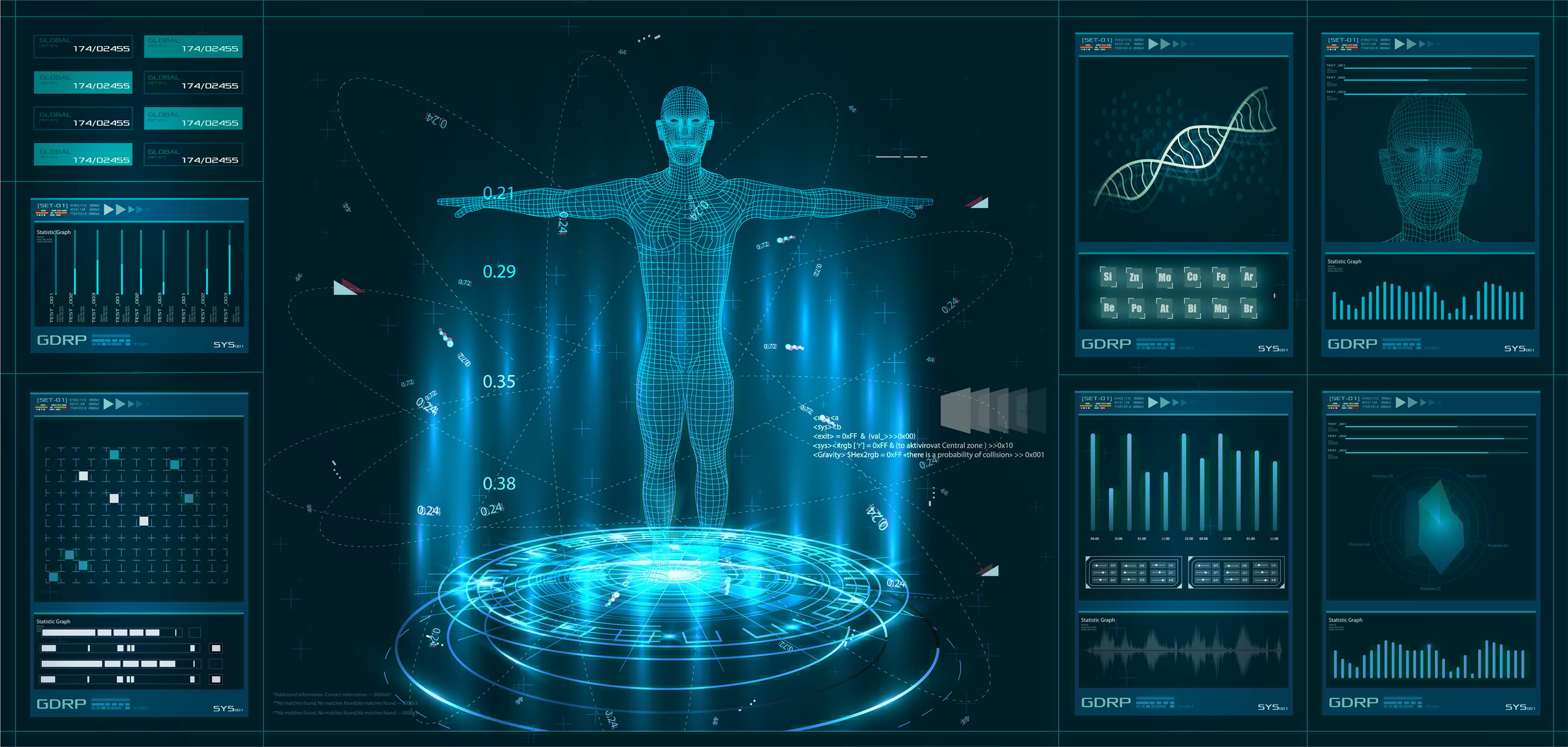 A digital image of a body, along with health data