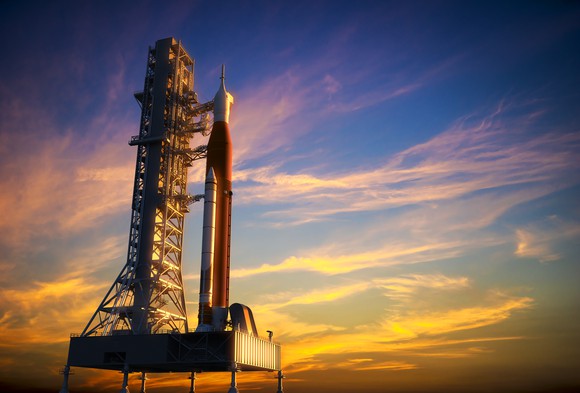 a 3D image of a rocket preparing to launch