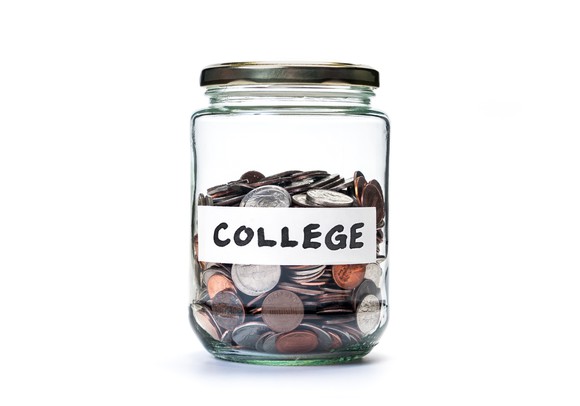 Glass jar with coins labeled "College"