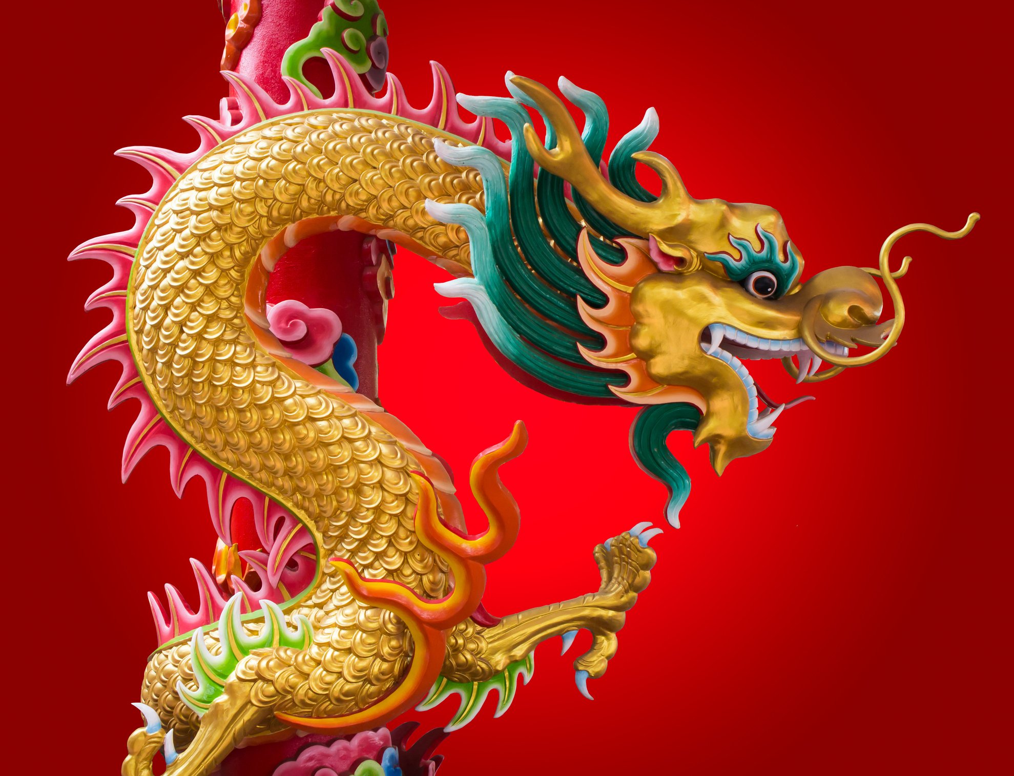 Chinese dragon looking right on red background