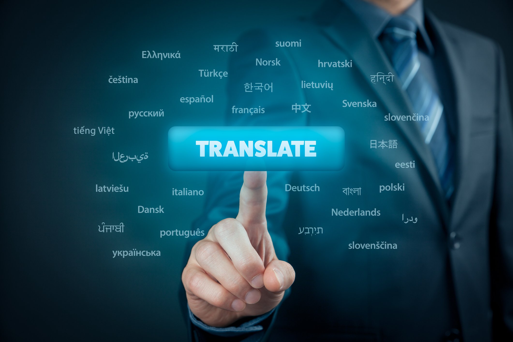 A man in a suit reaches out and touches a virtual rectangle button with the word "Translate" on it with other buttons with names of languages on them all around it. 