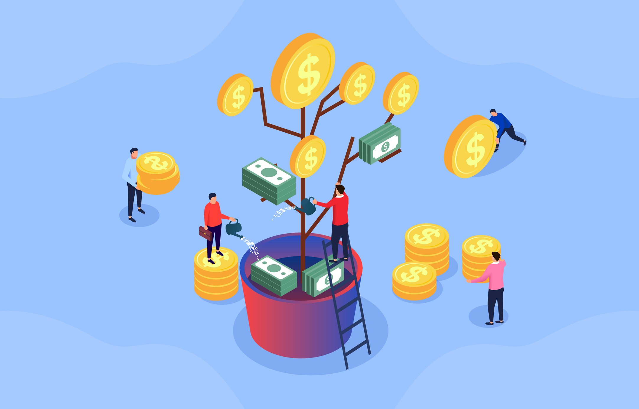 Illustration of a money tree concept: multiple people care for a potted plant sprouting dollar bills and coins.