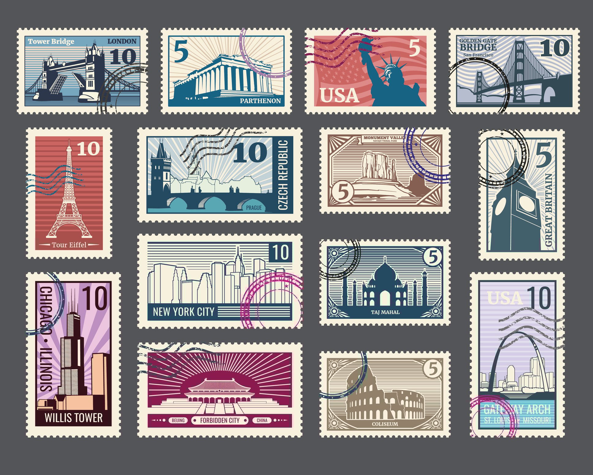 Various postmarked stamps.