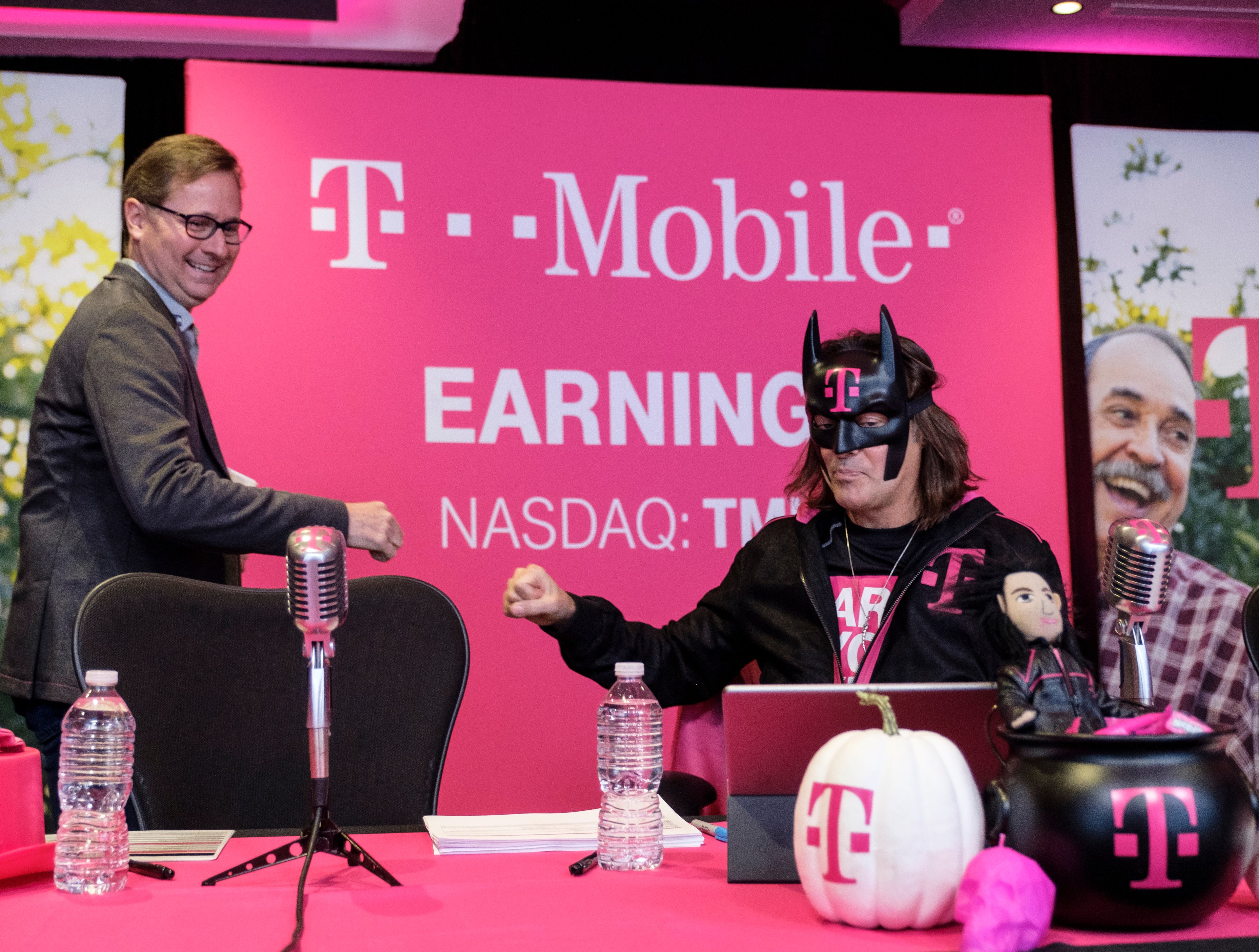 T-Mobile CEO John Legere wearing a Batman mask during an earnings call