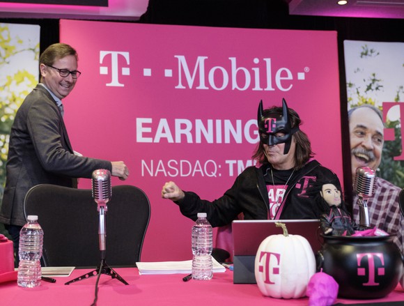 T-Mobile CEO John Legere wearing a Batman mask during an earnings call