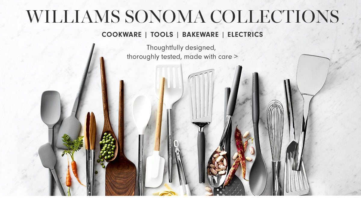 Row of kitchen utensils with Williams Sonoma Collections caption at top.