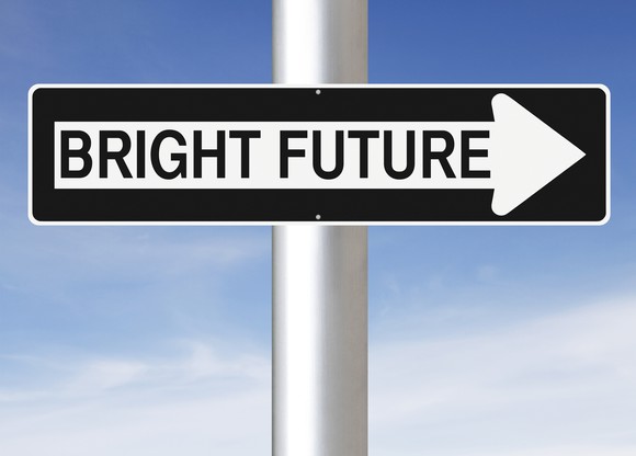 Street sign with "bright future" printed inside an arrow pointing right