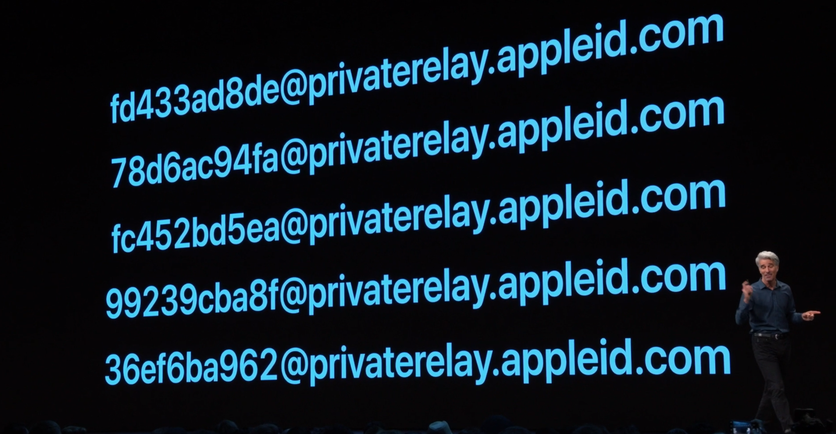 Craig Federighi display examples of randomized relay addresses