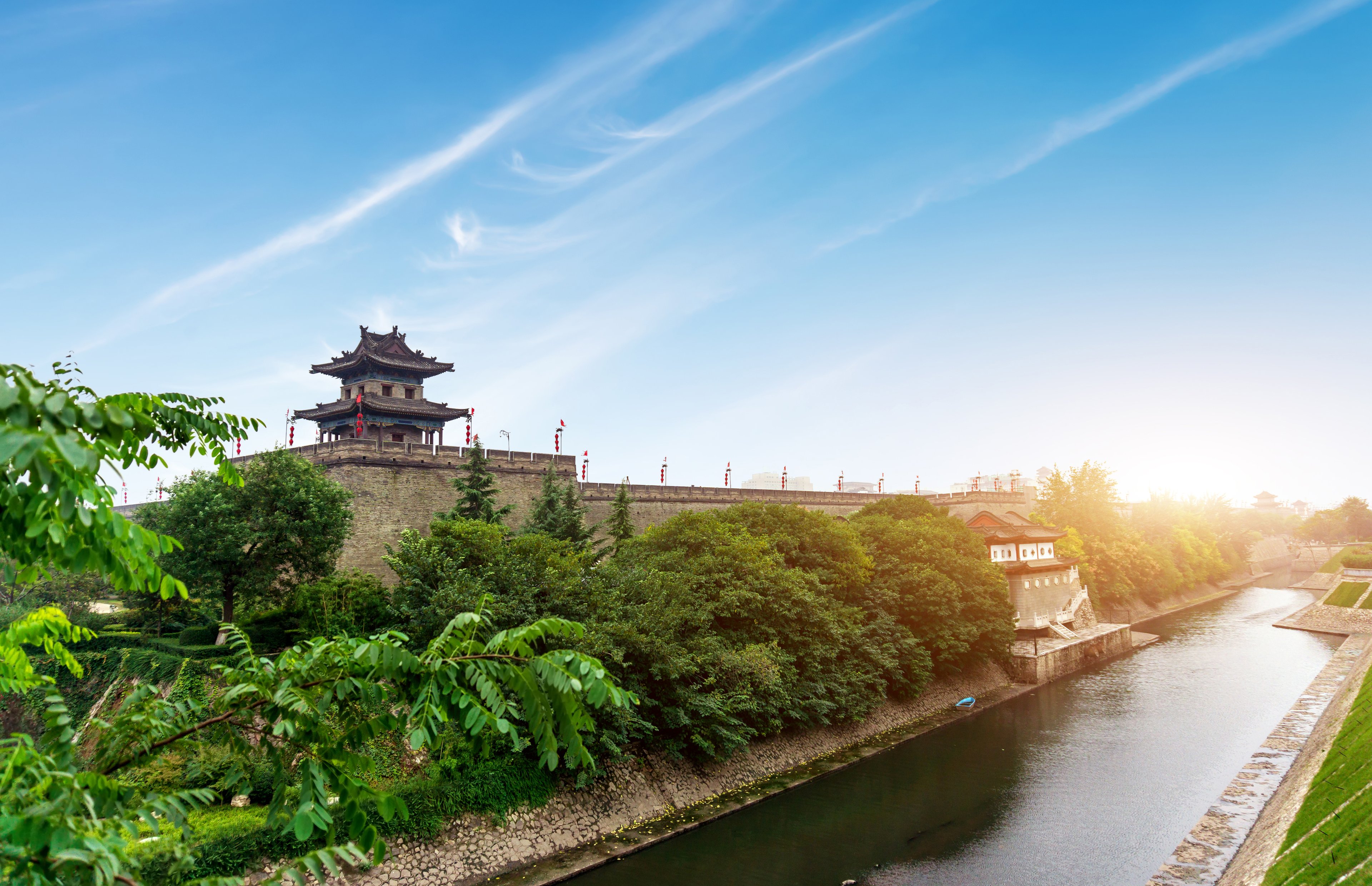 The fortifications of Xi'an, also known as the Xi'an City Wall, include a wide moat; Shaanxi province, China. 