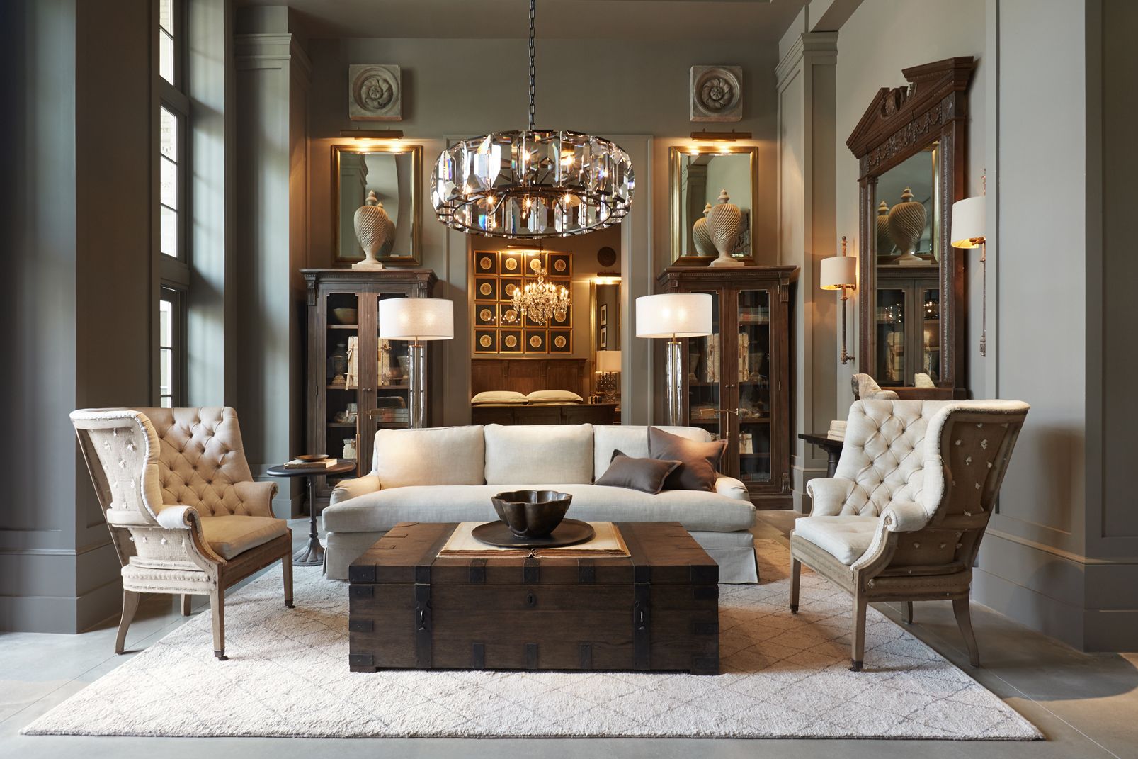 Contemporary room decorated with Restoration Hardware products.