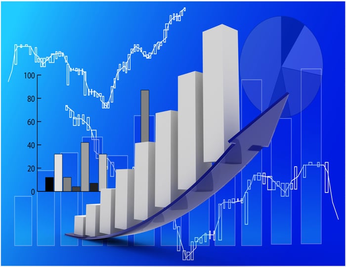 Rising bar graph with arrow with charts in various shades of blue in the background