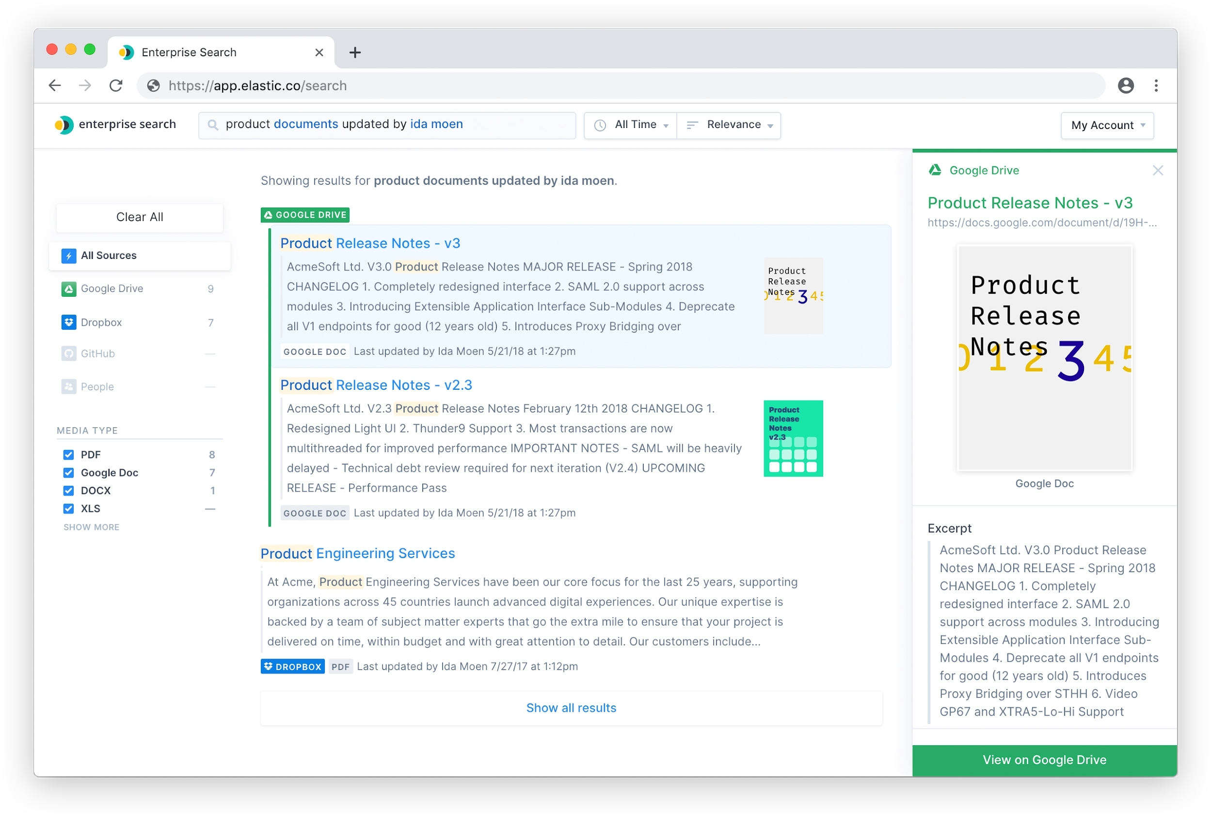 A rendering of a browser showing results from Elastic's new Elastic Enterprise Search.