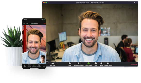 Zoom's videoconferencing platform on a smartphone and computer screen.