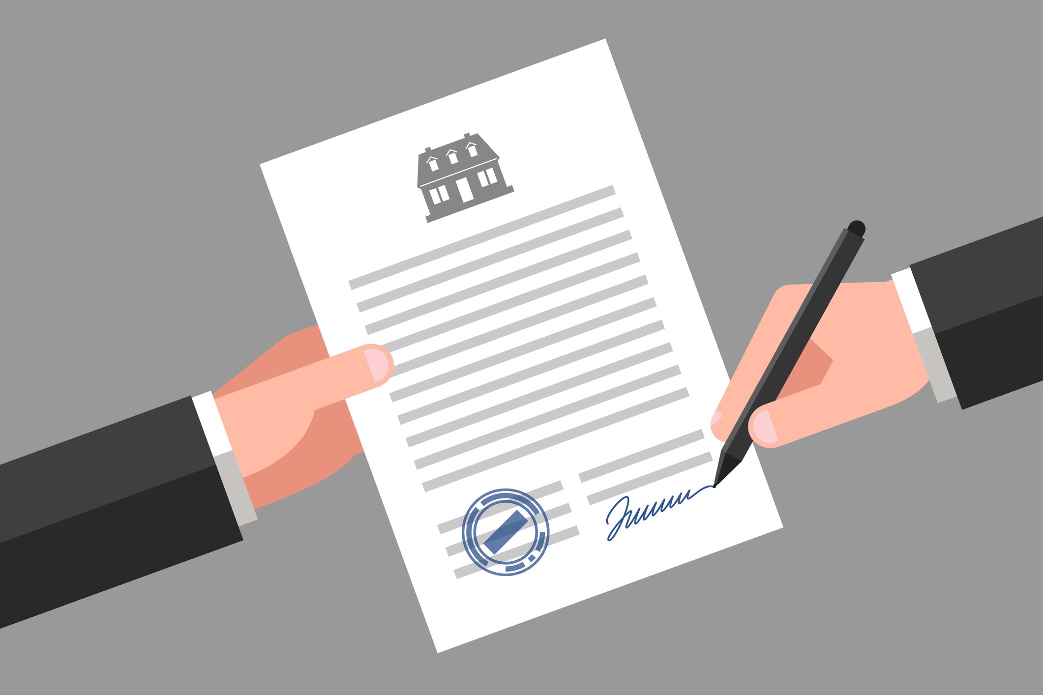 animated hand holds out a document with a picture of a house at the top  of it and another hand signs the bottom  of the document. 