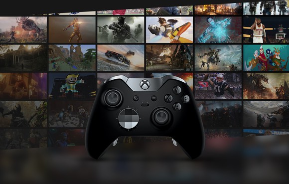 An Xbox One controller with screens of games in the background.