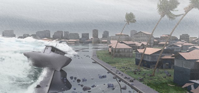 A boat crashing on land during a hurricane