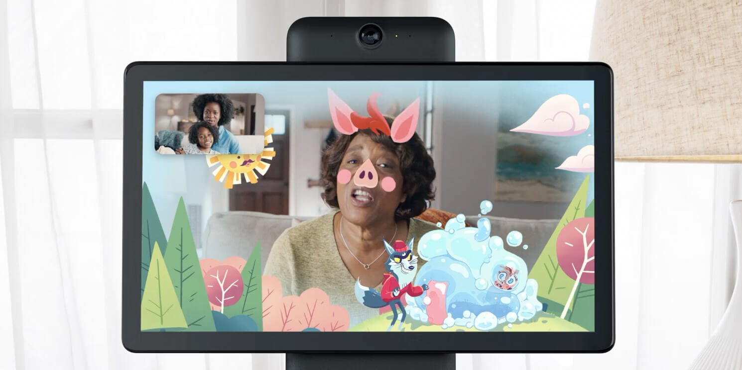 A woman conducts a video chat with cartoon filters on a Portal smart screen.