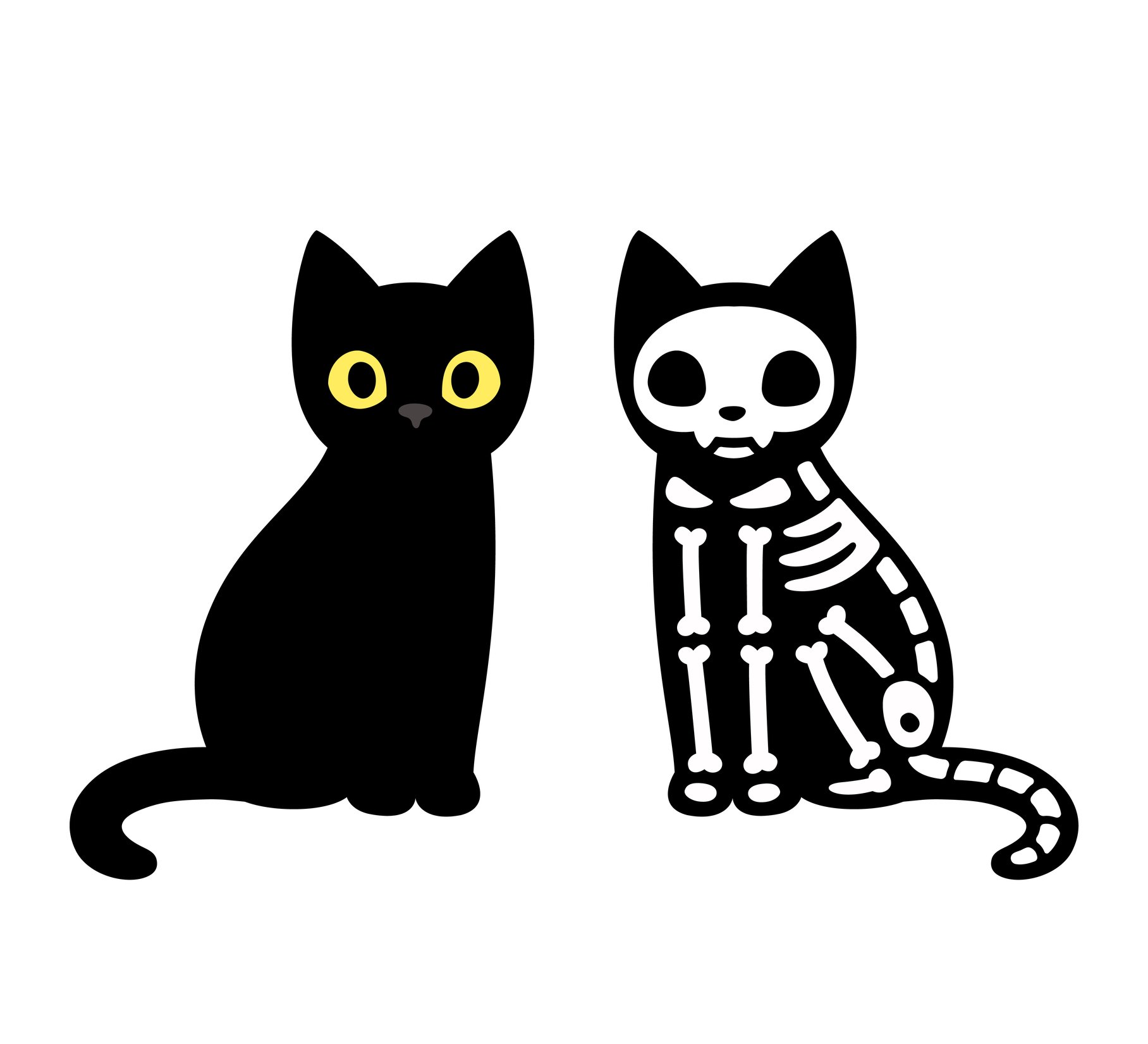 Black cartoon cat next to cartoon cat skeleton