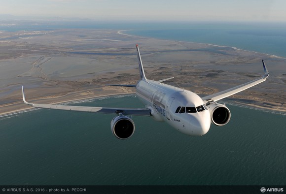 A nose-on view of an Airbus A320neo in flight