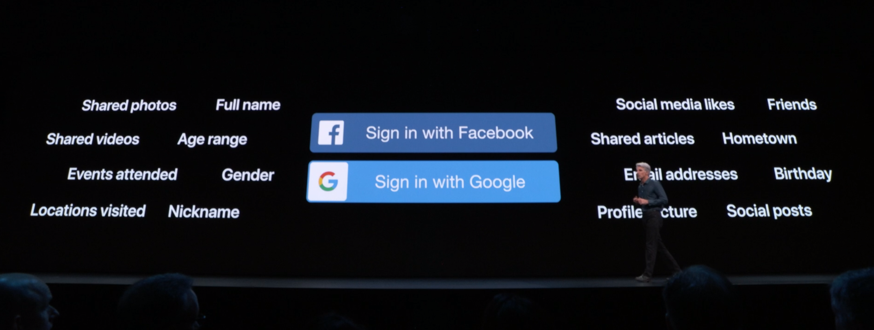 Craig Federighi on stage with the background displaying Facebook and Google sign in buttons