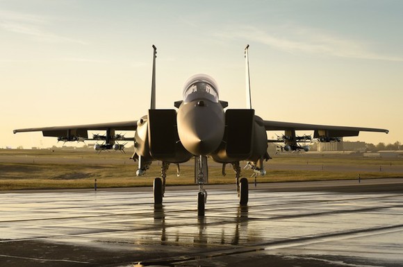 Boeing F-15 parked at airfield.