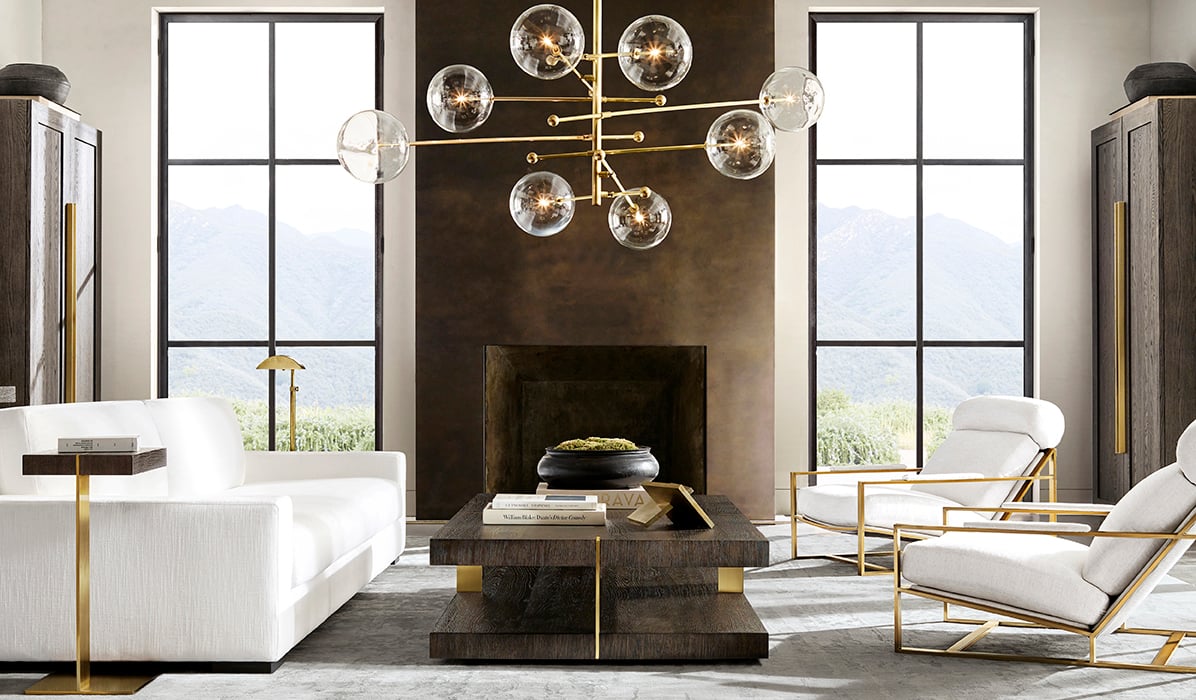 Contemporary room decorated with various Restoration Hardware products.