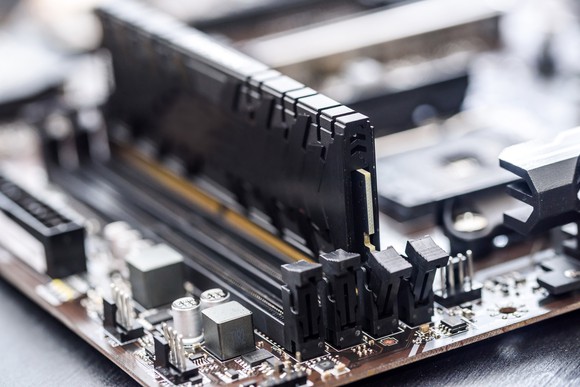 A stick of DRAM in a PC motherboard.