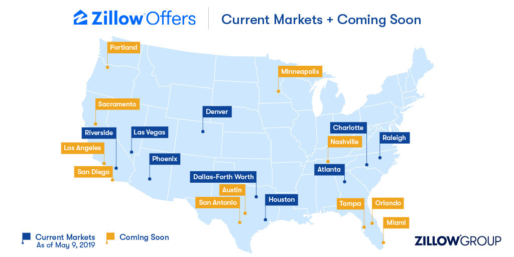 A map of the U.S. that shows the 9 markets where Zillow already provides Zillow Offers plus the cities where it will be coming.
