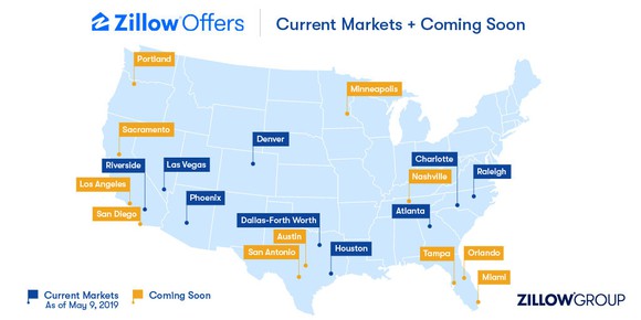 A map of the U.S. that shows the 9 markets where Zillow already provides Zillow Offers plus the cities where it will be coming.