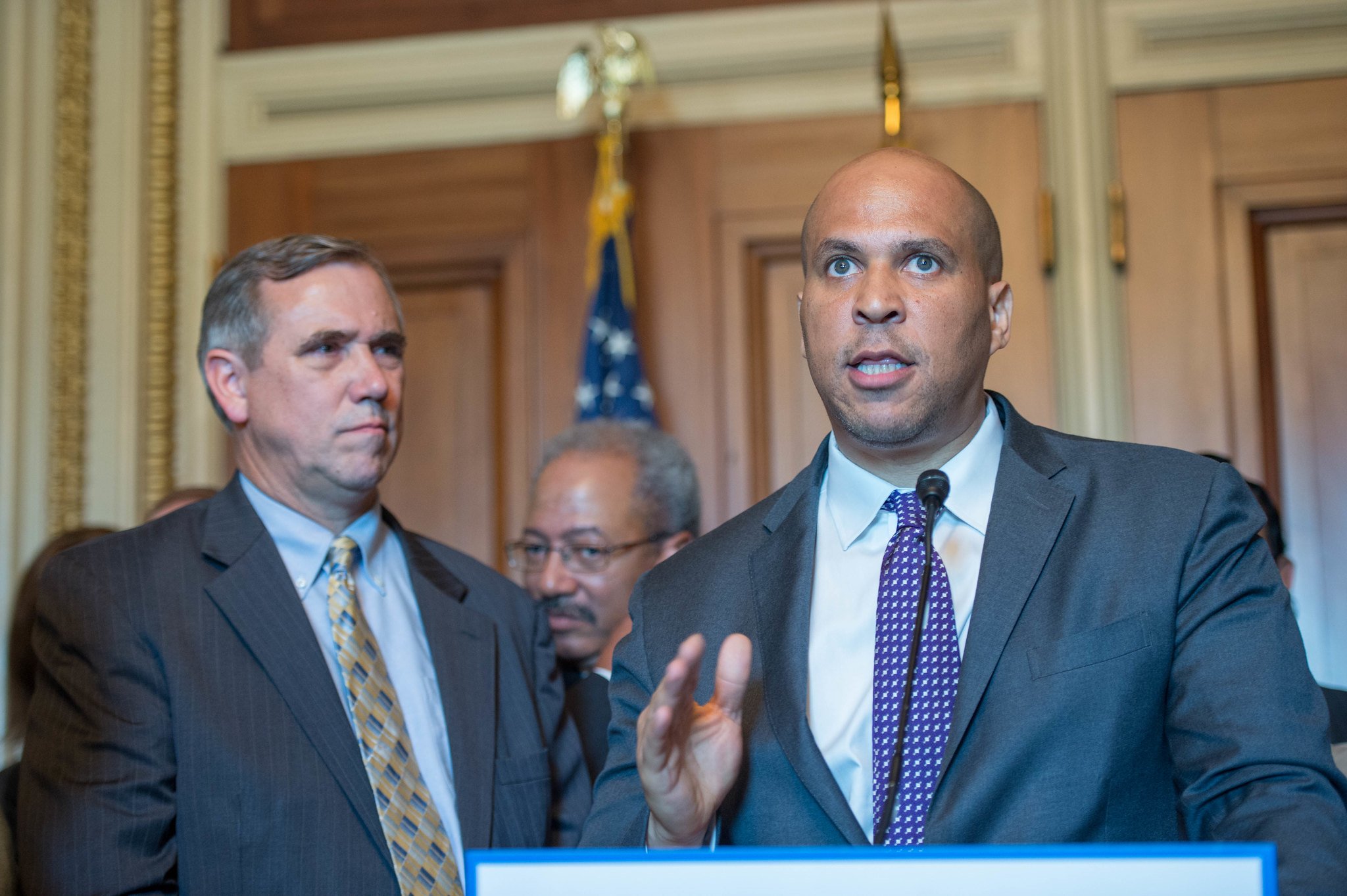 New Jersey Sen. Cory Booker speaking at a press conference. 