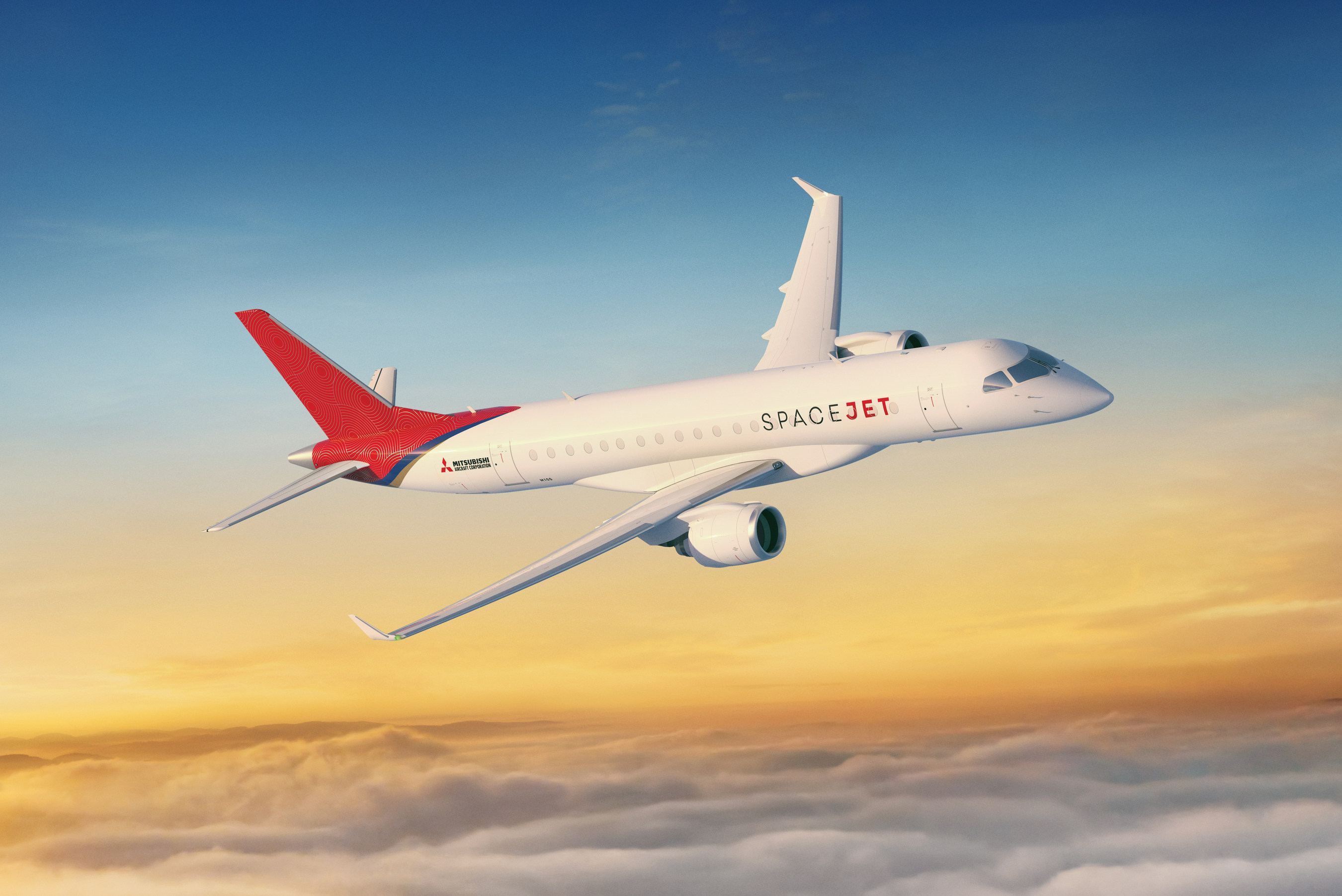 A rendering of a Mitsubishi SpaceJet flying over clouds
