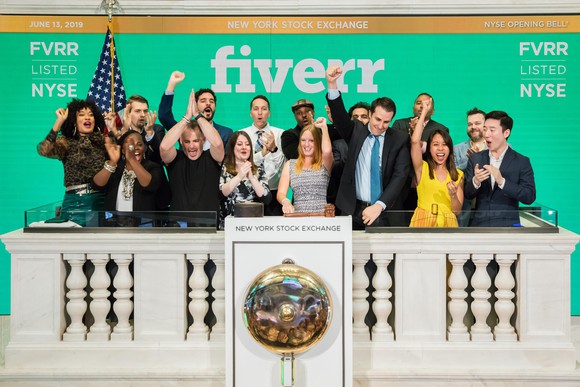 Fiverr at its NYSE debut ringing the opening bell.